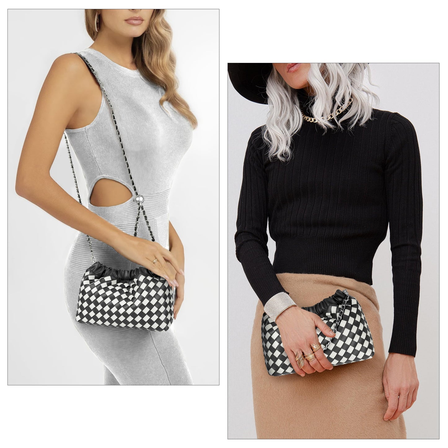 Joryin Woven Women's Crossbody Bag & Evening Purse, Trendy Dumpling Clutch & Hobo Cloud Shoulder Bag Trendy Dumpling Clutch Woven Leather-light Brown White