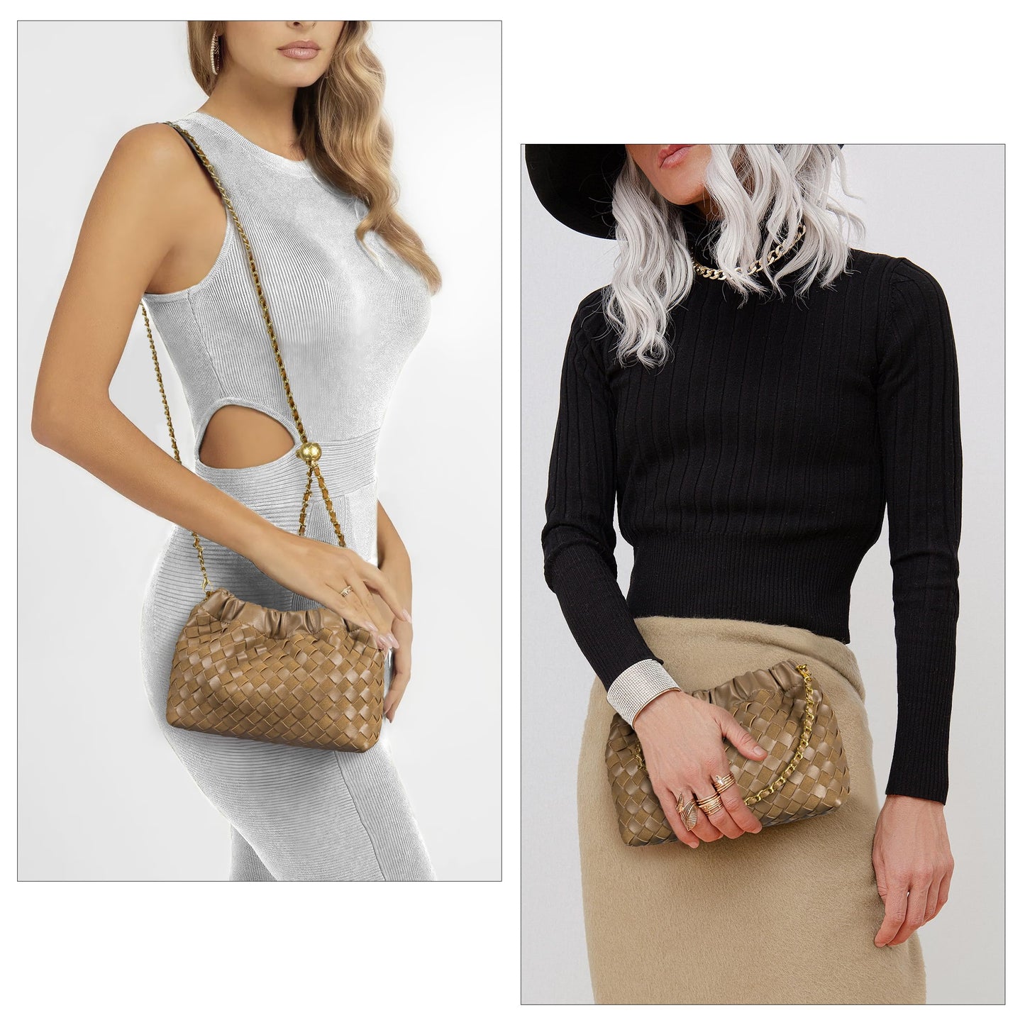 Joryin Woven Women's Crossbody Bag & Evening Purse, Trendy Dumpling Clutch & Hobo Cloud Shoulder Bag Trendy Dumpling Clutch Woven Leather-light Brown White