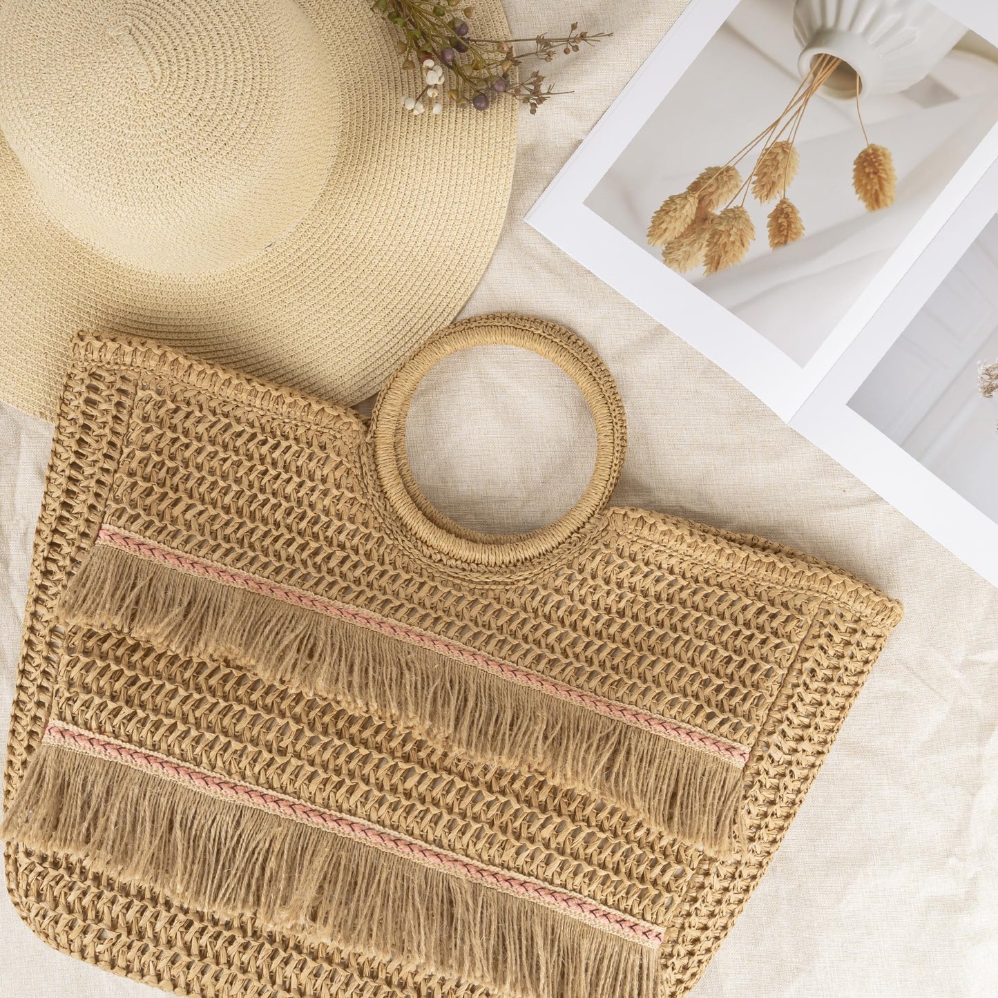 Beach Tote Bag for Women, Hand Woven Bags, Natural Fibre Boho Purse, Top Handle Hobo Handbag, Straw Summer Purses