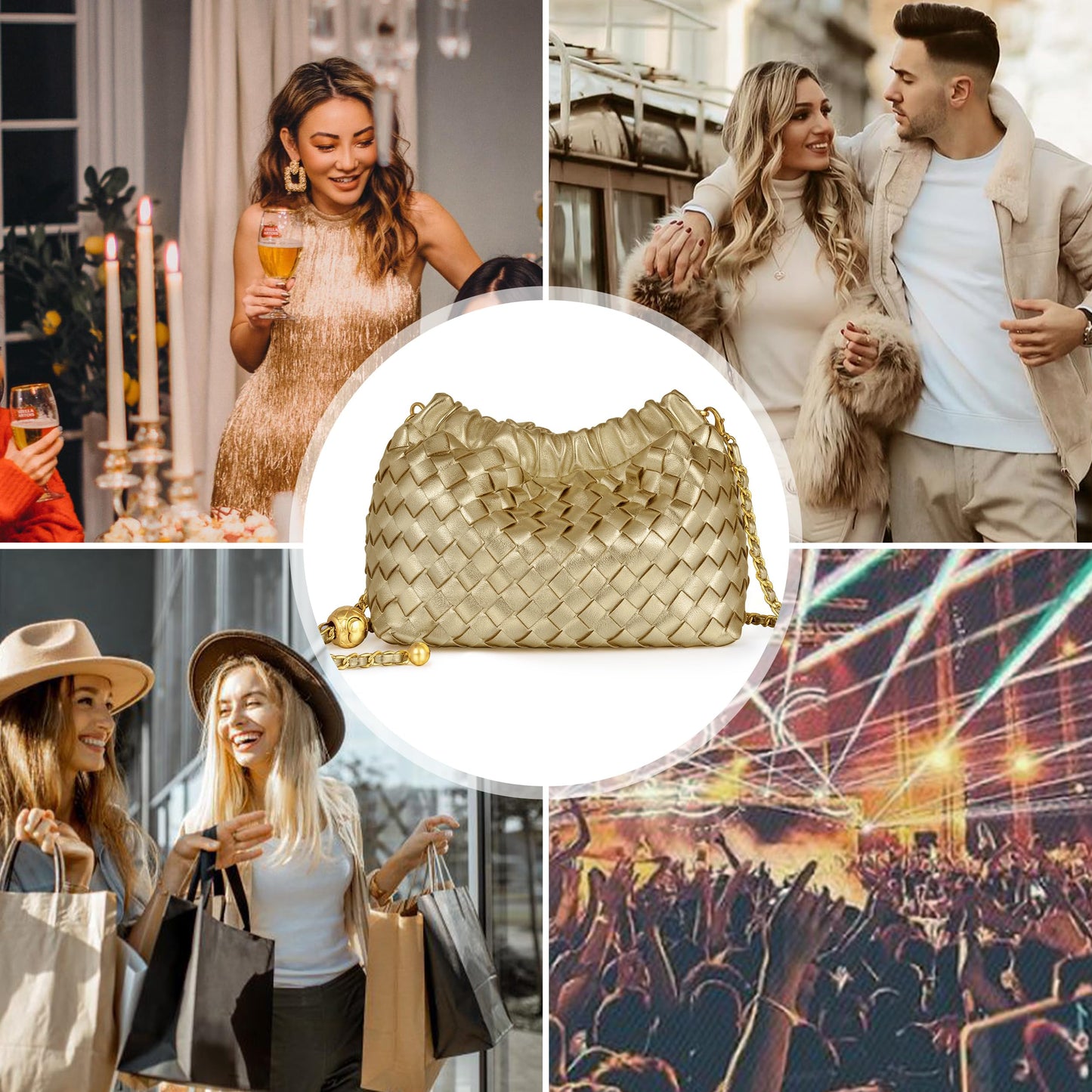 Joryin Woven Women's Crossbody Bag & Evening Purse, Trendy Dumpling Clutch & Hobo Cloud Shoulder Bag Trendy Dumpling Clutch Woven Leather-light Brown White