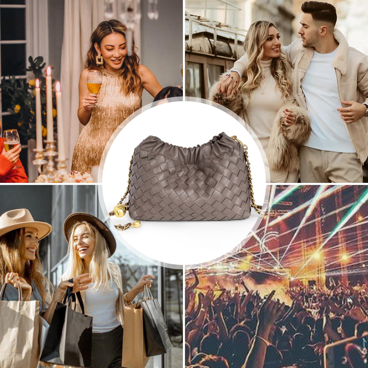 Joryin Woven Women's Crossbody Bag & Evening Purse, Trendy Dumpling Clutch & Hobo Cloud Shoulder Bag Trendy Dumpling Clutch Woven Leather-light Brown White