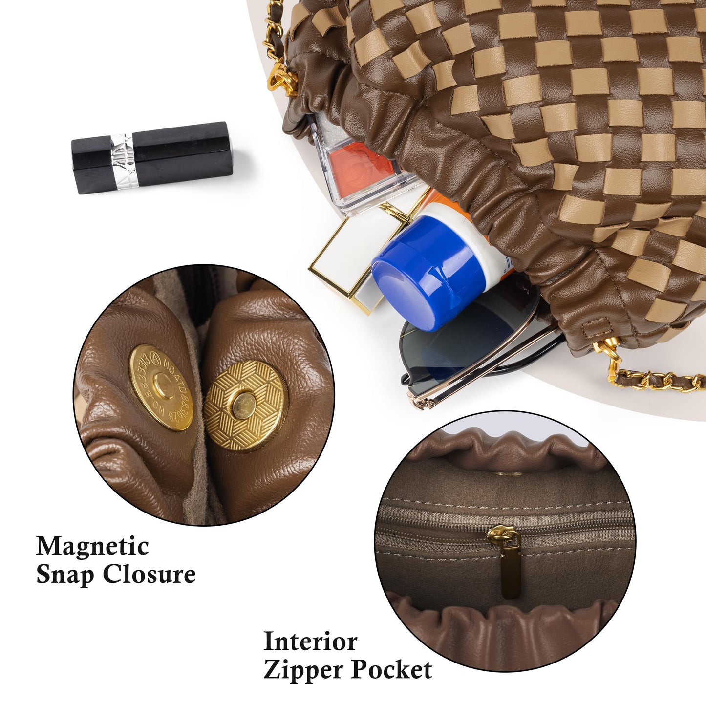 Joryin Woven Women's Crossbody Bag & Evening Purse, Trendy Dumpling Clutch & Hobo Cloud Shoulder Bag Trendy Dumpling Clutch Woven Leather-light Brown White