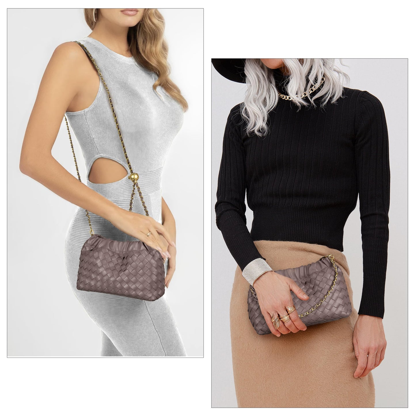 Joryin Woven Women's Crossbody Bag & Evening Purse, Trendy Dumpling Clutch & Hobo Cloud Shoulder Bag Trendy Dumpling Clutch Woven Leather-light Brown White