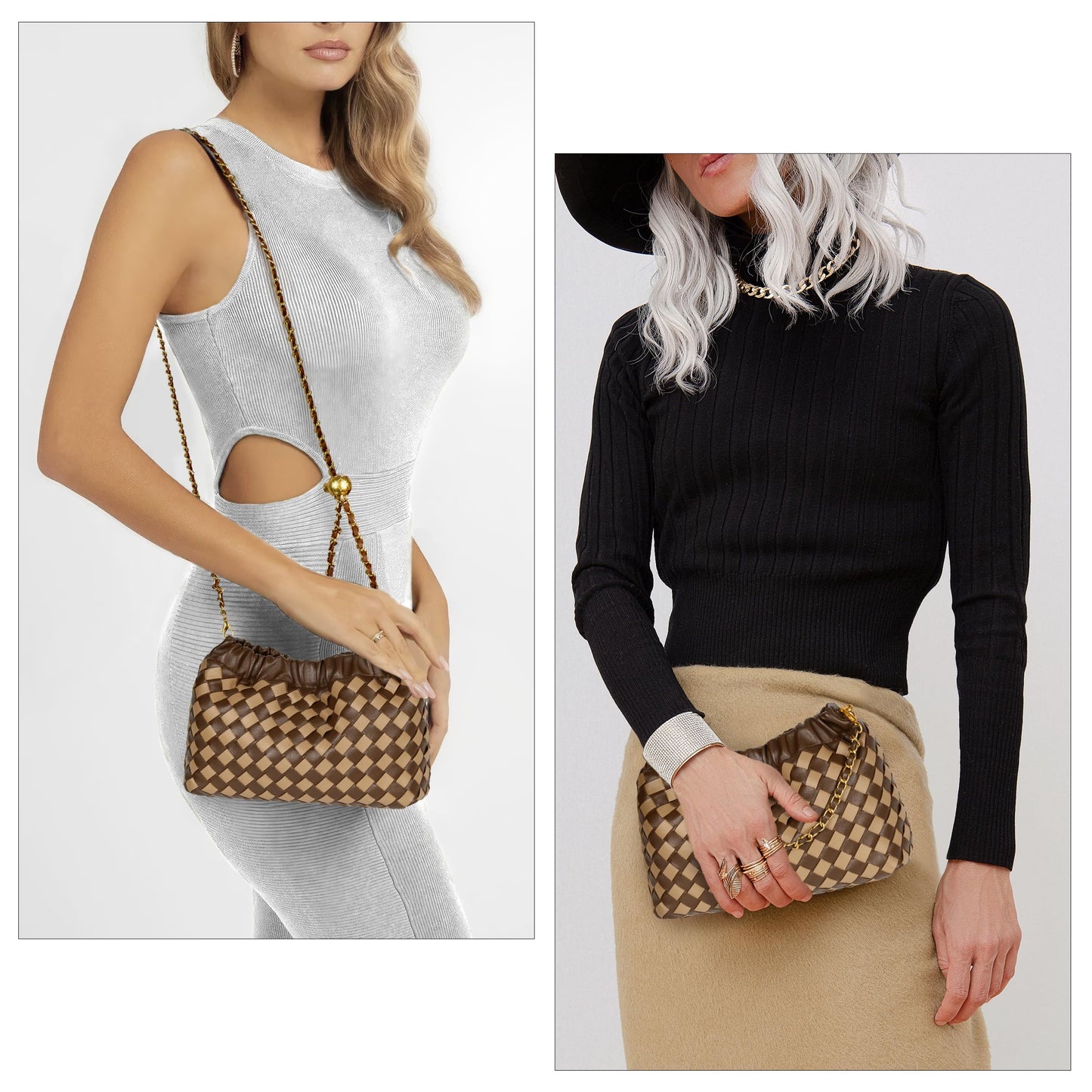Joryin Woven Women's Crossbody Bag & Evening Purse, Trendy Dumpling Clutch & Hobo Cloud Shoulder Bag Trendy Dumpling Clutch Woven Leather-light Brown White