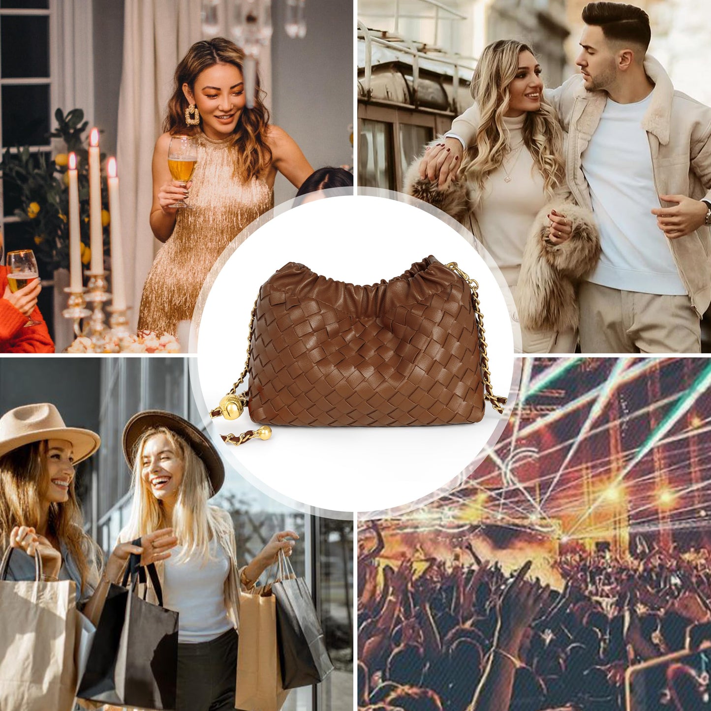 Joryin Woven Women's Crossbody Bag & Evening Purse, Trendy Dumpling Clutch & Hobo Cloud Shoulder Bag Trendy Dumpling Clutch Woven Leather-light Brown White