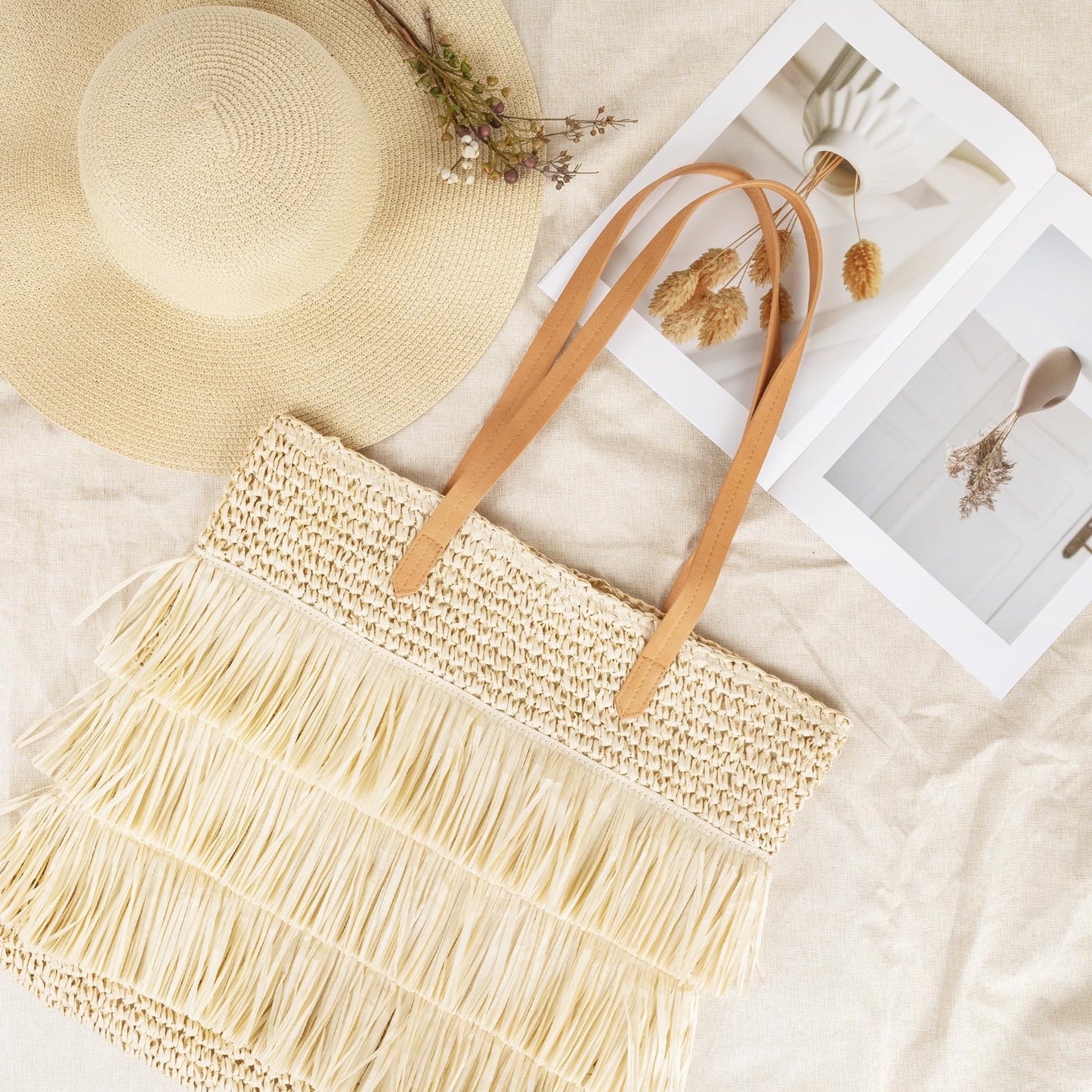 Beach Tote Bag for Women, Hand Woven Bags, Natural Fibre Boho Purse, Top Handle Hobo Handbag, Straw Summer Purses