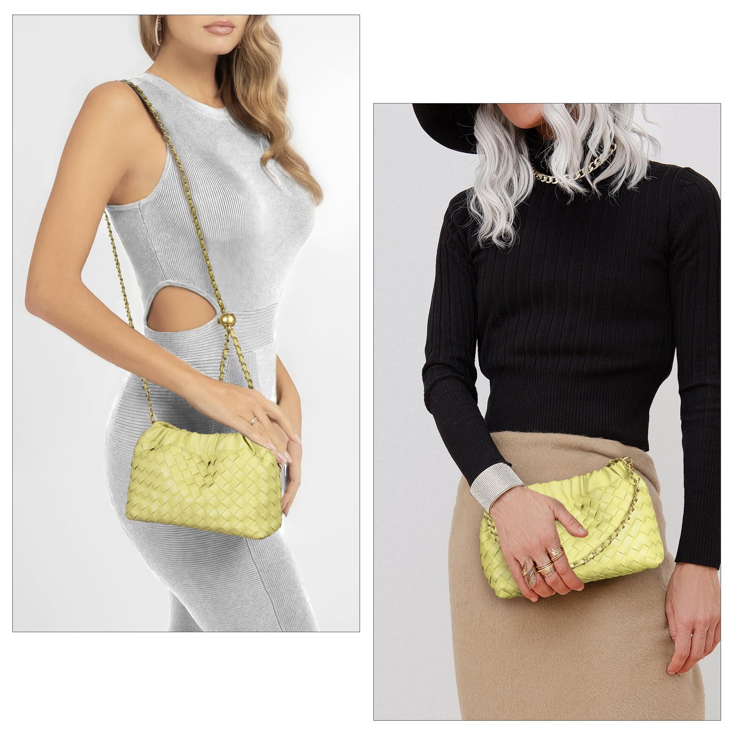Joryin Woven Women's Crossbody Bag & Evening Purse, Trendy Dumpling Clutch & Hobo Cloud Shoulder Bag Trendy Dumpling Clutch Woven Leather-light Brown White