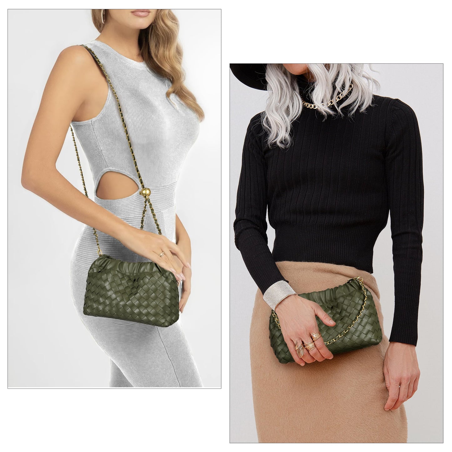 Joryin Woven Women's Crossbody Bag & Evening Purse, Trendy Dumpling Clutch & Hobo Cloud Shoulder Bag Trendy Dumpling Clutch Woven Leather-light Brown White