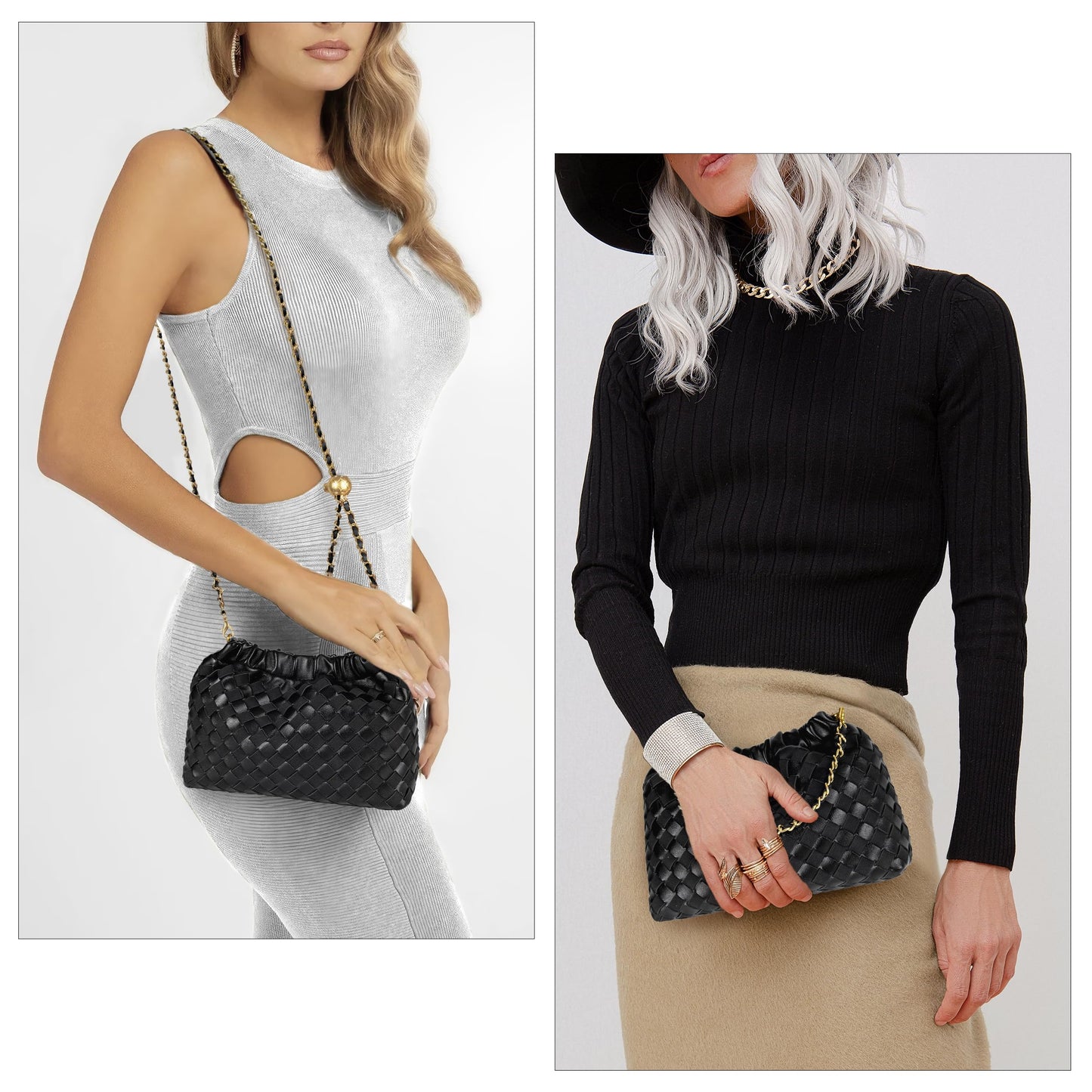 Joryin Woven Women's Crossbody Bag & Evening Purse, Trendy Dumpling Clutch & Hobo Cloud Shoulder Bag Trendy Dumpling Clutch Woven Leather-light Brown White