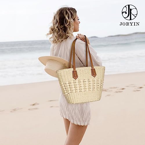 Joryin Beach Tote Bag for Women, Straw Shoulder Bag, Natural Fibre, Hand Woven Bags for Summer, Natural Braided Boho Purses, Beige