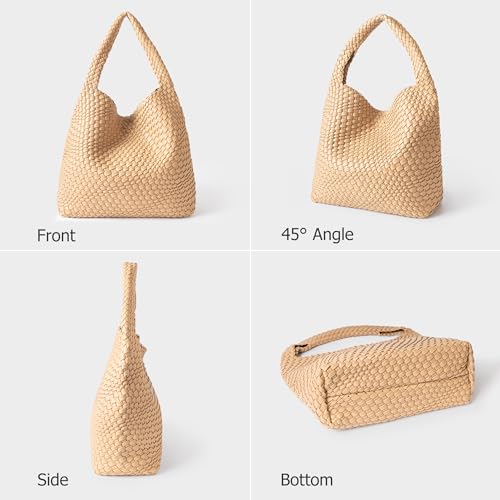 Joryin Woven Tote Bag with Purse for Women, Vegan Leather Hand Woven Shoulder Top-handle Bag, Fashion Handmade Beach Travel Knotted Woven Handbag, Apricot