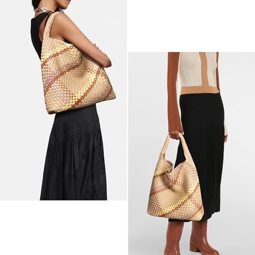 Joryin Woven Tote Bag with Purse for Women, Vegan Leather Hand Woven Shoulder Top-handle Bag, Fashion Handmade Beach Travel Knotted Woven Handbag, Retro Mixed