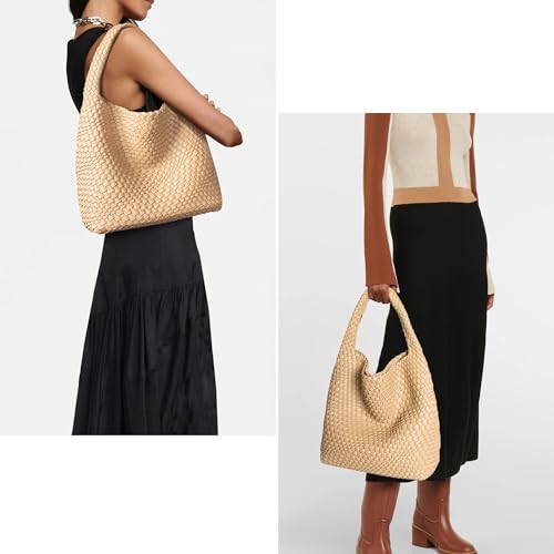 Joryin Woven Tote Bag with Purse for Women, Vegan Leather Hand Woven Shoulder Top-handle Bag, Fashion Handmade Beach Travel Knotted Woven Handbag, Apricot