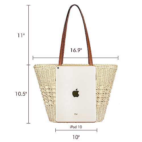 Joryin Beach Tote Bag for Women, Straw Shoulder Bag, Natural Fibre, Hand Woven Bags for Summer, Natural Braided Boho Purses, Beige