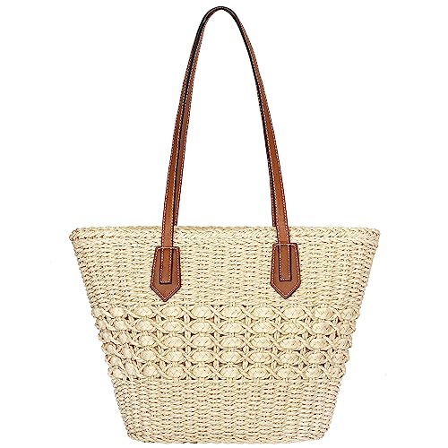 Joryin Beach Tote Bag for Women, Straw Shoulder Bag, Natural Fibre, Hand Woven Bags for Summer, Natural Braided Boho Purses, Beige