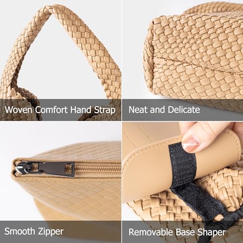 Joryin Woven Tote Bag with Purse for Women, Vegan Leather Hand Woven Shoulder Top-handle Bag, Fashion Handmade Beach Travel Knotted Woven Handbag, Apricot