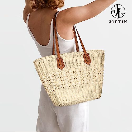 Joryin Beach Tote Bag for Women, Straw Shoulder Bag, Natural Fibre, Hand Woven Bags for Summer, Natural Braided Boho Purses, Beige