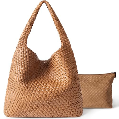 Joryin Woven Tote Bag with Purse for Women, Vegan Leather Hand Woven Shoulder Top-handle Bag, Fashion Handmade Beach Travel Knotted Woven Handbag, Brown