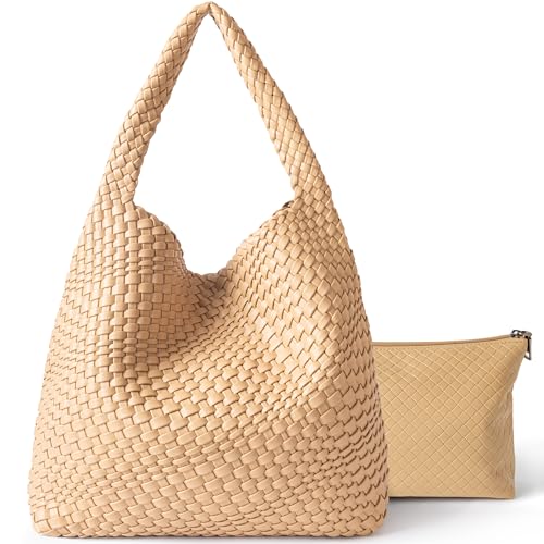 Joryin Woven Tote Bag with Purse for Women, Vegan Leather Hand Woven Shoulder Top-handle Bag, Fashion Handmade Beach Travel Knotted Woven Handbag, Apricot