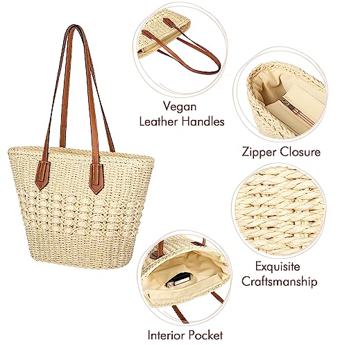 Joryin Beach Tote Bag for Women, Straw Shoulder Bag, Natural Fibre, Hand Woven Bags for Summer, Natural Braided Boho Purses, Beige