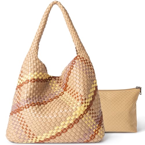 Joryin Woven Tote Bag with Purse for Women, Vegan Leather Hand Woven Shoulder Top-handle Bag, Fashion Handmade Beach Travel Knotted Woven Handbag, Retro Mixed
