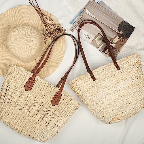 Joryin Beach Tote Bag for Women, Straw Shoulder Bag, Natural Fibre, Hand Woven Bags for Summer, Natural Braided Boho Purses, Beige