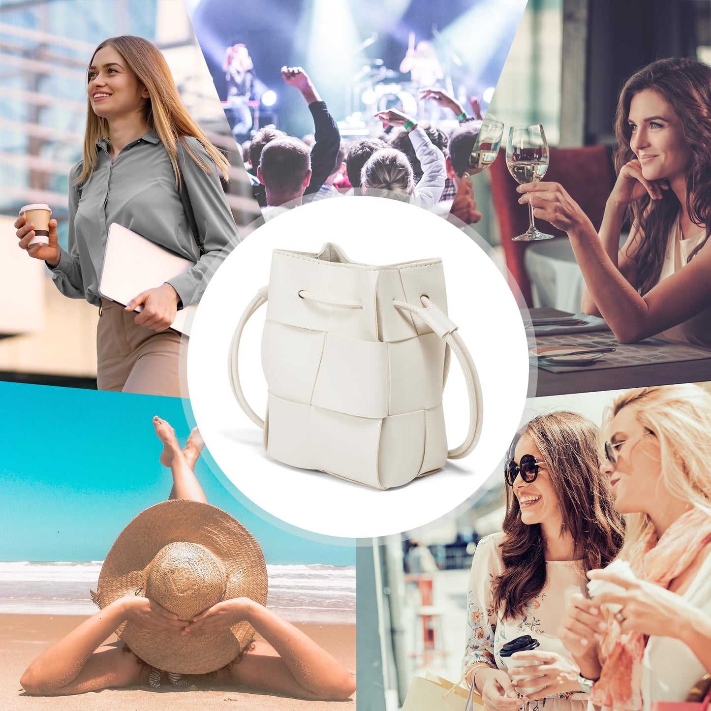 Woven Crossbody Bags for Women, Handmade Woven Leather Bucket Bag Hobo Bags for Women. Small Bucket Purse Shoulder Bag Handbag Clutch, Magnetic Snap Closures