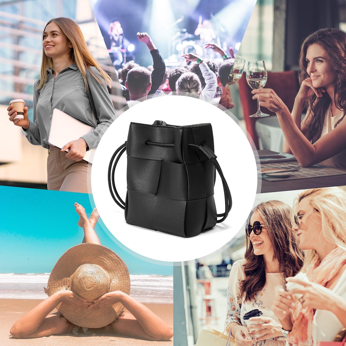 Woven Crossbody Bags for Women, Handmade Woven Leather Bucket Bag Hobo Bags for Women. Small Bucket Purse Shoulder Bag Handbag Clutch, Magnetic Snap Closures