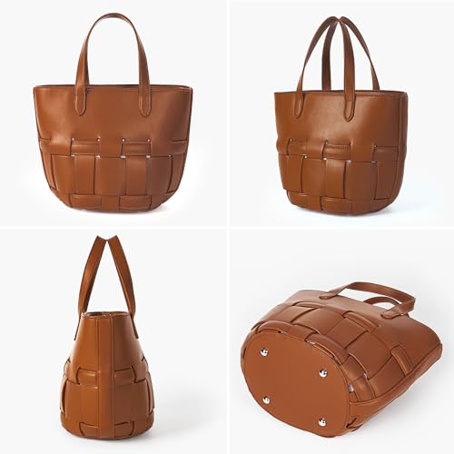 Bucket Bag with Zipper for Women, Woven Vegan Leather Bag with Liner, Crossbody Bag with Adjustable Shoulder Strap & Zipper