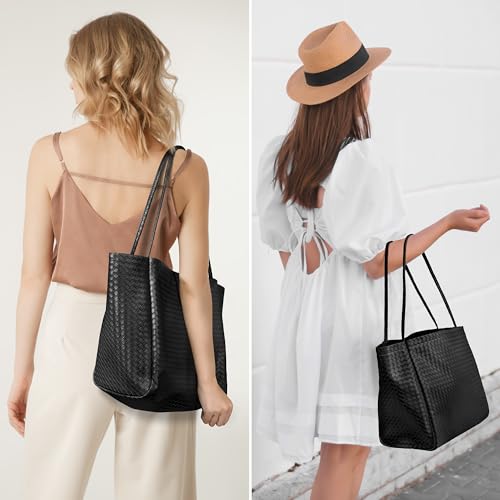 Large Woven Tote Bag for Women, Shoulder Bag Purse Black Tote Bag Soft Vegan Leather Hobo Handbag Beach Tote