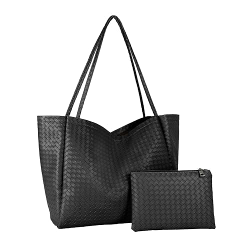 Large Woven Tote Bag for Women, Shoulder Bag Purse Black Tote Bag Soft Vegan Leather Hobo Handbag Beach Tote