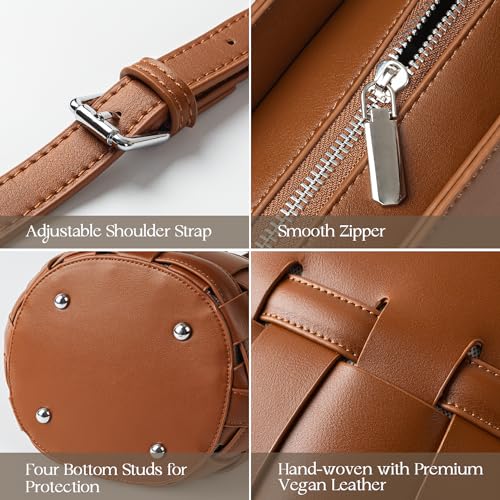 Bucket Bag with Zipper for Women, Woven Vegan Leather Bag with Liner, Crossbody Bag with Adjustable Shoulder Strap & Zipper