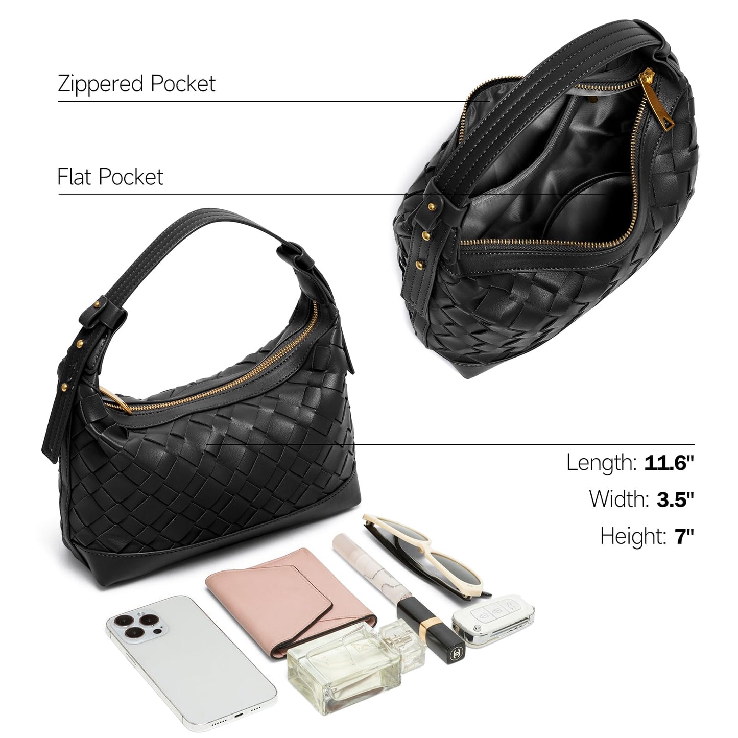 Joryin Woven Shoulder Bag for Women, Woven Purse Crossbody Bag Braided Handbag Top-Handle Vegan Leather Under Arm Bag Black