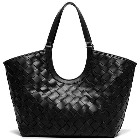 Large Woven Tote Bag for Women, Braided Shoulder Bag Designer Tote Purse Top-Handle Handbag Vegan Leather Under Arm Bag Black