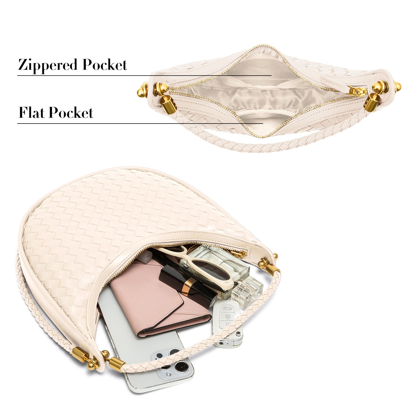 Joryin Woven Leather Crescent Shoulder Bag for Women, Saddle Purse Braided Top-Handle Handbag Under Arm Bag Woven Black