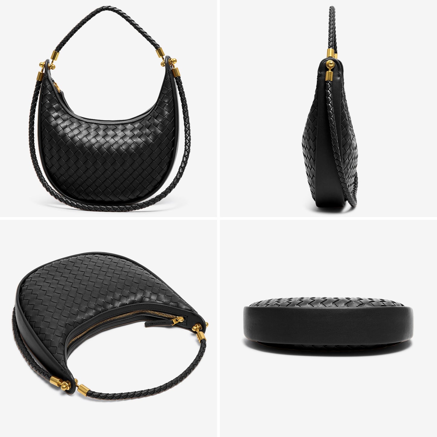 Joryin Woven Leather Crescent Shoulder Bag for Women, Saddle Purse Braided Top-Handle Handbag Under Arm Bag Woven Black
