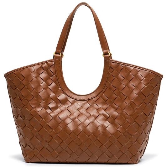 Large Woven Tote Bag for Women, Braided Shoulder Bag Designer Tote Purse Top-Handle Handbag Vegan Leather Under Arm Bag Brown