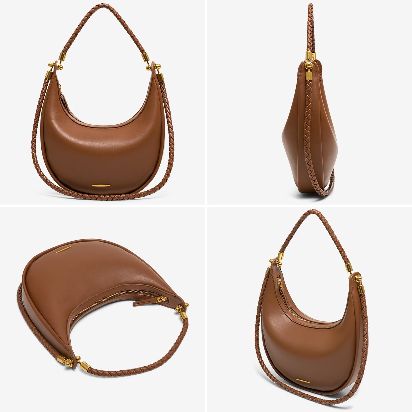 Joryin Crescent Shoulder Bag for Women, Saddle Purse Braided Top-Handle Handbag Vegan Leather Under Arm Bag Brown