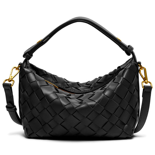 Joryin Woven Shoulder Bag for Women, Small Woven Purse Crossbody Bag Braided Handbag Top-Handle Vegan Leather Under Arm Bag Black