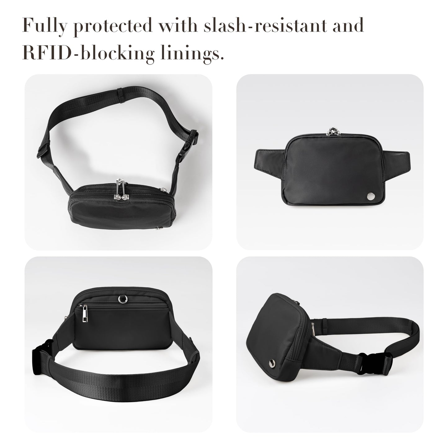Anti Theft Fanny Pack 2L Belt Bag Crossbody Bag for Women Men Rfid Blocking Sling Waist Bags for Travel, Black