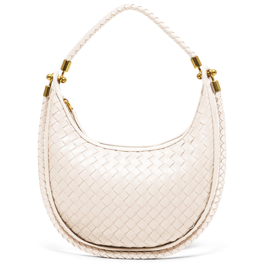 Joryin Woven Leather Crescent Shoulder Bag for Women, Saddle Purse Braided Top-Handle Handbag Under Arm Bag Woven Cream Beige