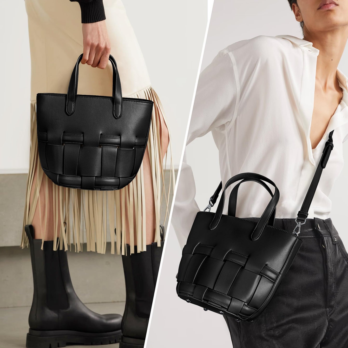 Bucket Bag with Zipper for Women, Woven Vegan Leather Bag with Liner, Crossbody Bag with Adjustable Shoulder Strap & Zipper