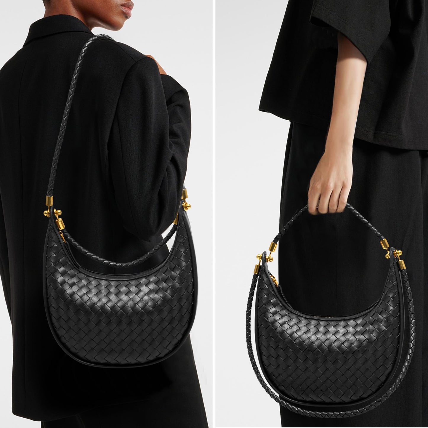 Joryin Woven Leather Crescent Shoulder Bag for Women, Saddle Purse Braided Top-Handle Handbag Under Arm Bag Woven Black