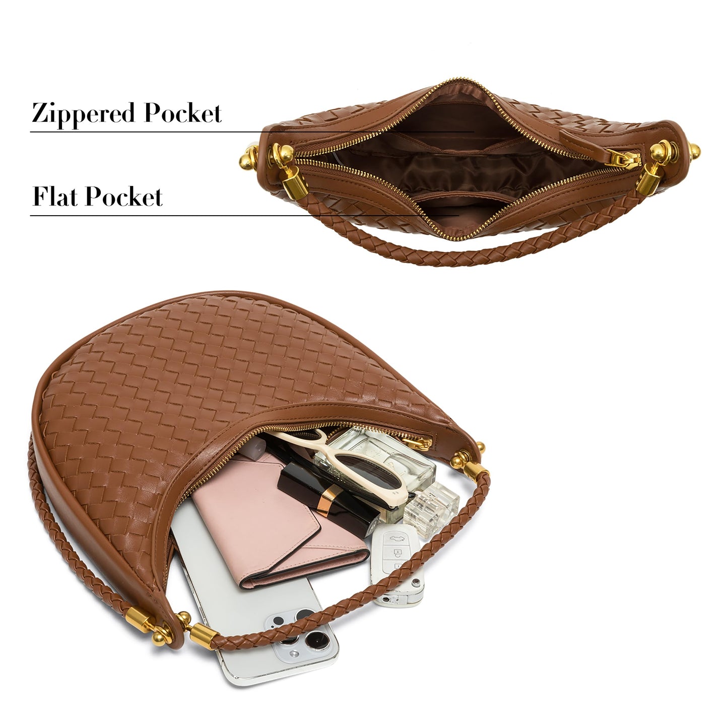 Joryin Woven Leather Crescent Shoulder Bag for Women, Saddle Purse Braided Top-Handle Handbag Under Arm Bag Woven Black