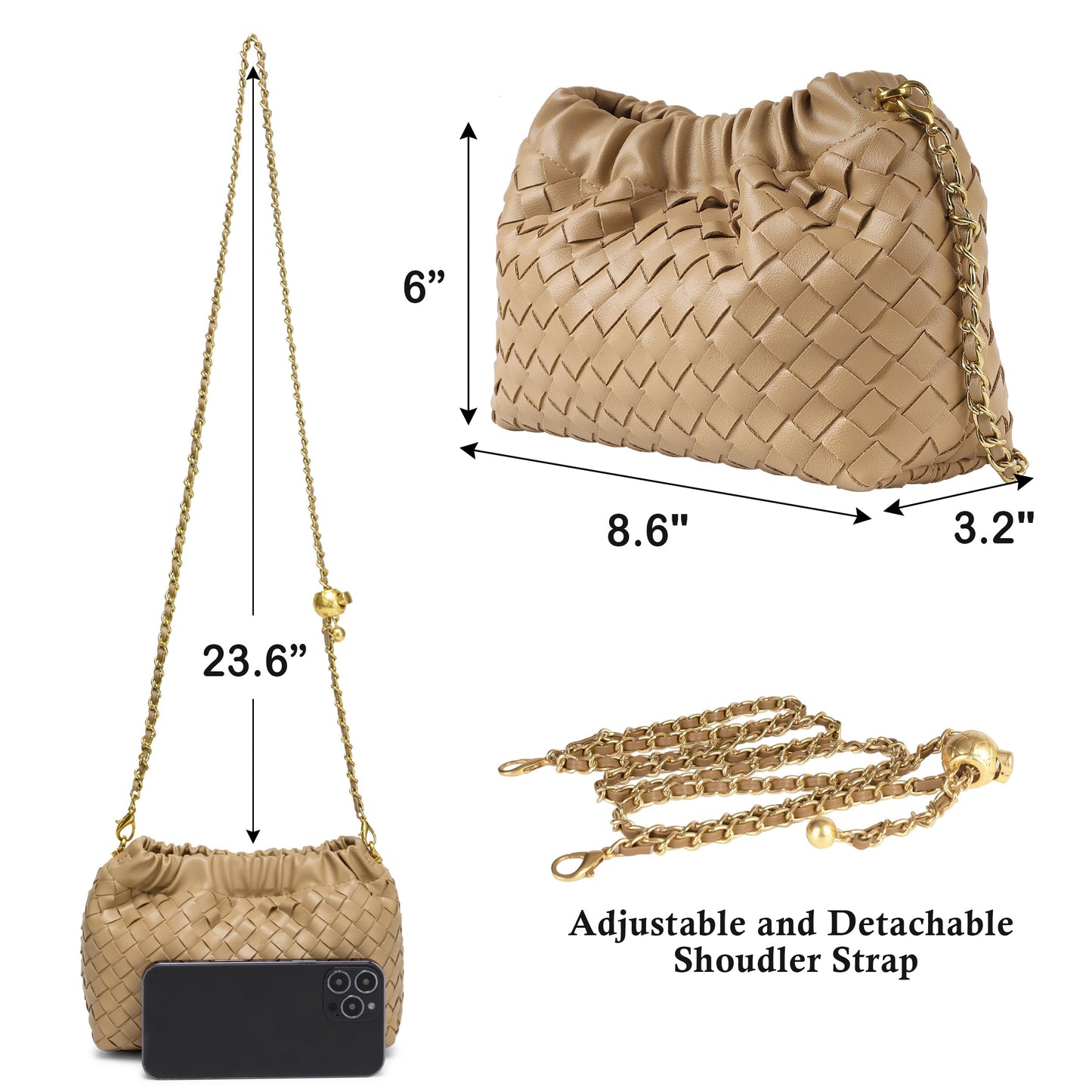 Joryin Woven Women's Crossbody Bag & Evening Purse, Trendy Dumpling Clutch & Hobo Cloud Shoulder Bag Trendy Dumpling Clutch Woven Suede-lightbrown