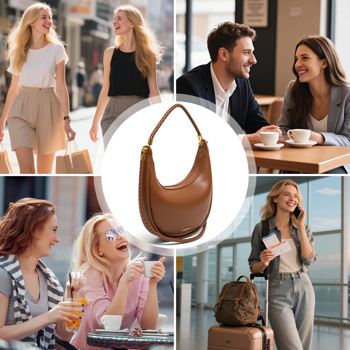 Joryin Crescent Shoulder Bag for Women, Saddle Purse Braided Top-Handle Handbag Vegan Leather Under Arm Bag Brown