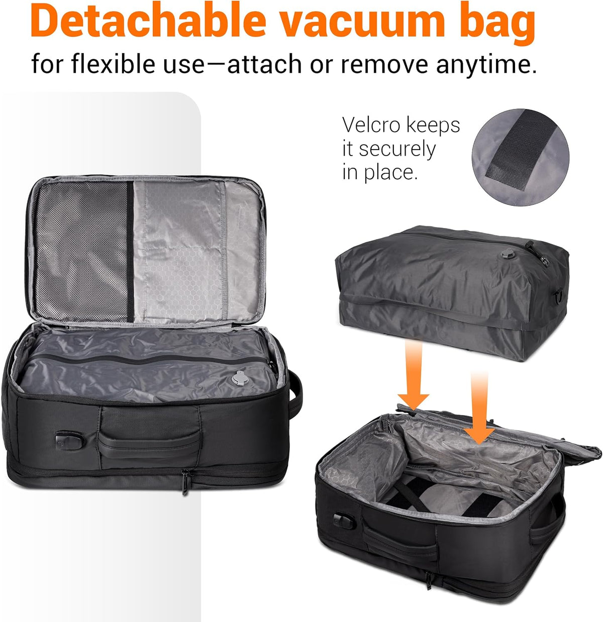 Joryin Air Vacuum Backpack for Travel with Air Pump, 75L Expandable Backpack with Detachable Vacuum Compression Bag Waterproof Carry On Travel Bag for Airline Laptop Backpack with Shoe Compartment