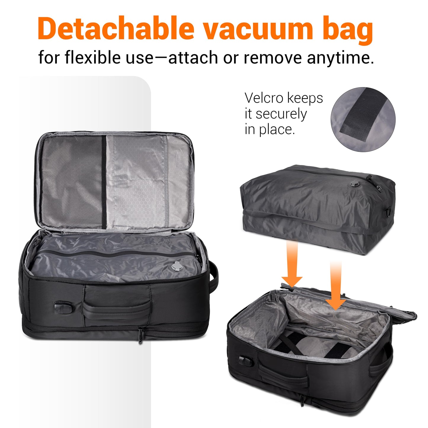 Joryin Air Vacuum Backpack for Travel with Air Pump, 75L Expandable Backpack with Detachable Vacuum Compression Bag Waterproof Carry On Travel Bag for Airline Laptop Backpack with Shoe Compartment