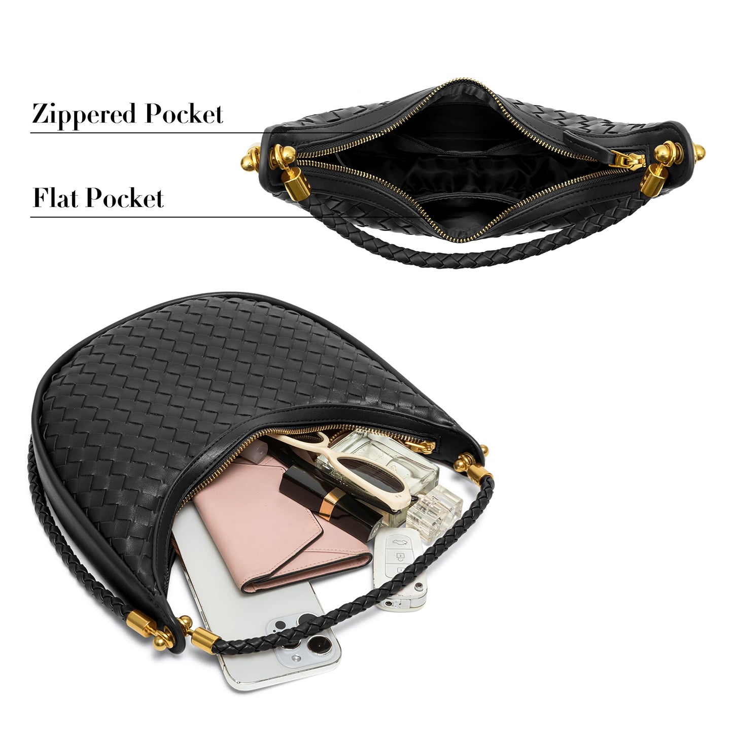 Joryin Woven Leather Crescent Shoulder Bag for Women, Saddle Purse Braided Top-Handle Handbag Under Arm Bag Woven Black