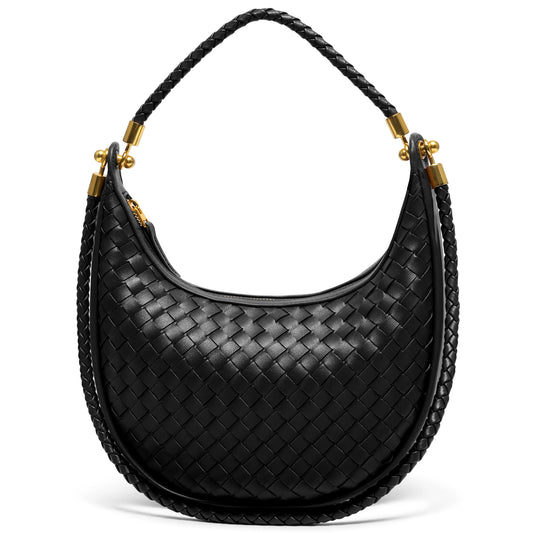 Joryin Woven Leather Crescent Shoulder Bag for Women, Saddle Purse Braided Top-Handle Handbag Under Arm Bag Woven Black